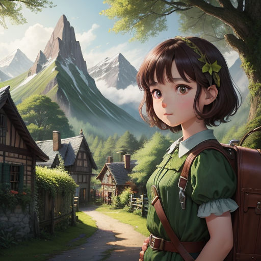 a girl in a green dress is standing in front of a mountain village with a brown bag and a brown suitcase, fantasy art, a detailed matte painting, Chen Chun, anime art