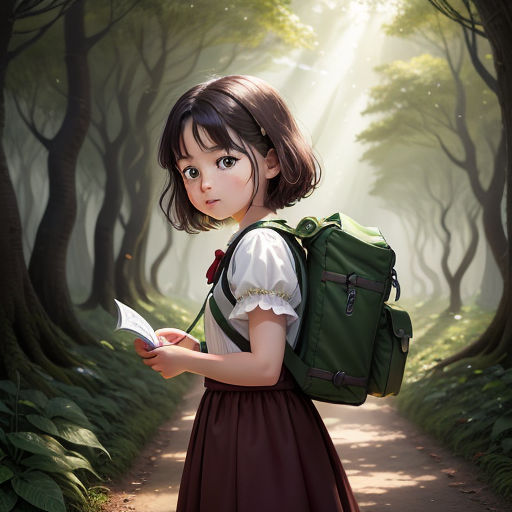 a painting of a girl with a backpack reading a book in a forest path with sunlight streaming through the trees, photorealism, a detailed matte painting, Alice Prin, cgstudio