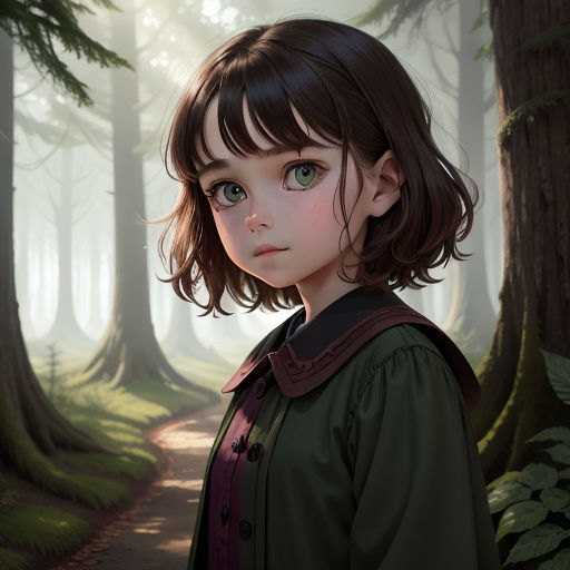 a painting of a young girl in a forest with a path leading to a forest with tall trees and a path leading to a forest with green leaves, photorealism, an oil painting, Alice Prin, cgstudio