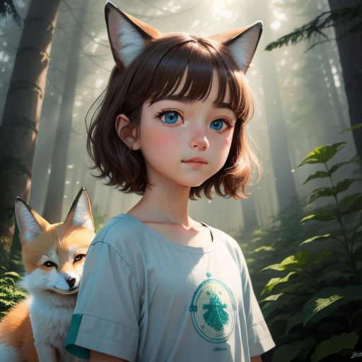 a girl with a fox on her shoulder in a forest with a fox on her shoulder, and a forest background, furry art, a photorealistic painting, Artgerm, anime art