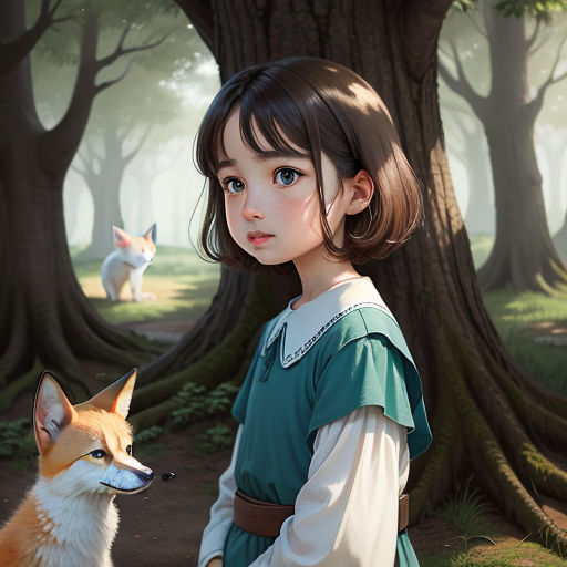 a little girl standing next to a fox in a forest with a fox in the background and a fox in the foreground, fantasy art, an oil painting, Alice Prin, anime art