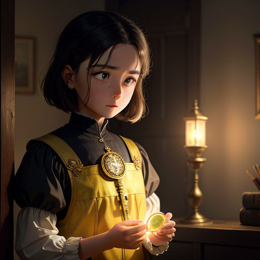 a girl in a yellow dress holding a coin in a dark room with a lamp on the side of the room, photorealism, a photorealistic painting, Chen Lin, cgstudio