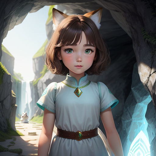 a girl in a white dress standing in a cave with a cat on her head and a cat on her shoulder, fantasy art, a character portrait, Alice Prin, rossdraws global illumination