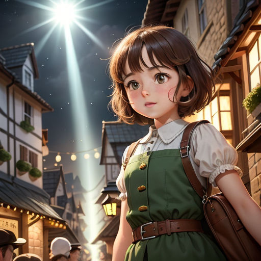 a girl in a green dress is standing in front of a street with a light shining on her head, fantasy art, a detailed painting, Artgerm, rossdraws global illumination