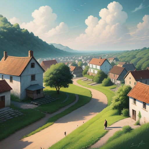 a painting of a village with a person walking down a path to a hill with houses on it and a person walking down a path to the right, american scene painting, a detailed matte painting, Christophe Vacher, cinematic matte painting
