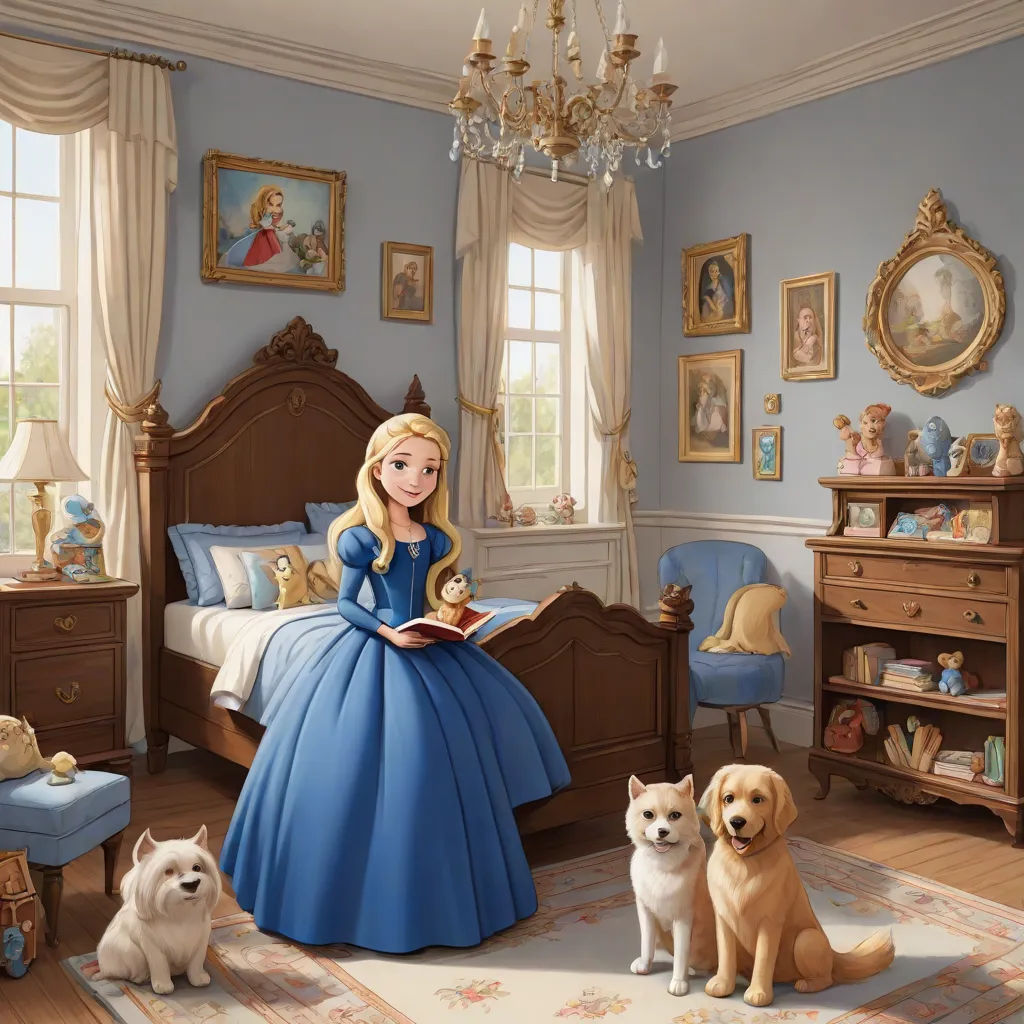 a painting of a girl in a blue dress reading a book with two dogs sitting in front of her, magical realism, a storybook illustration, disney, official art