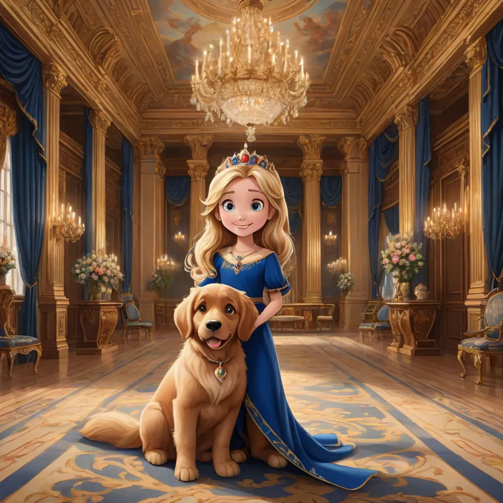 a cartoon of a girl and a dog in a palace setting with chandeliers and chandeliers, neoclassicism, concept art, disney, official art
