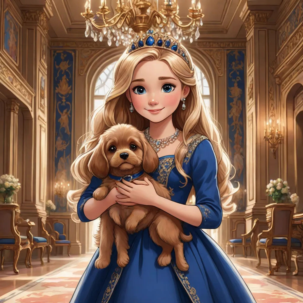 a girl in a blue dress holding a dog in a palace like setting with chandeliers and chandeliers, sots art, a storybook illustration, disney, official art