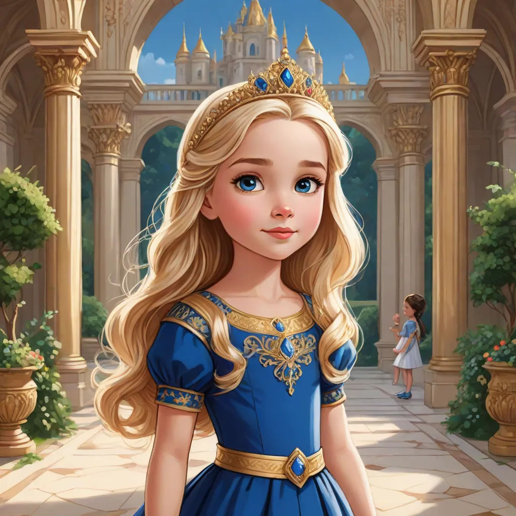 a cartoon girl in a blue dress standing in a courtyard with a castle in the background and a little girl in a blue dress, fantasy art, a storybook illustration, disney, official art