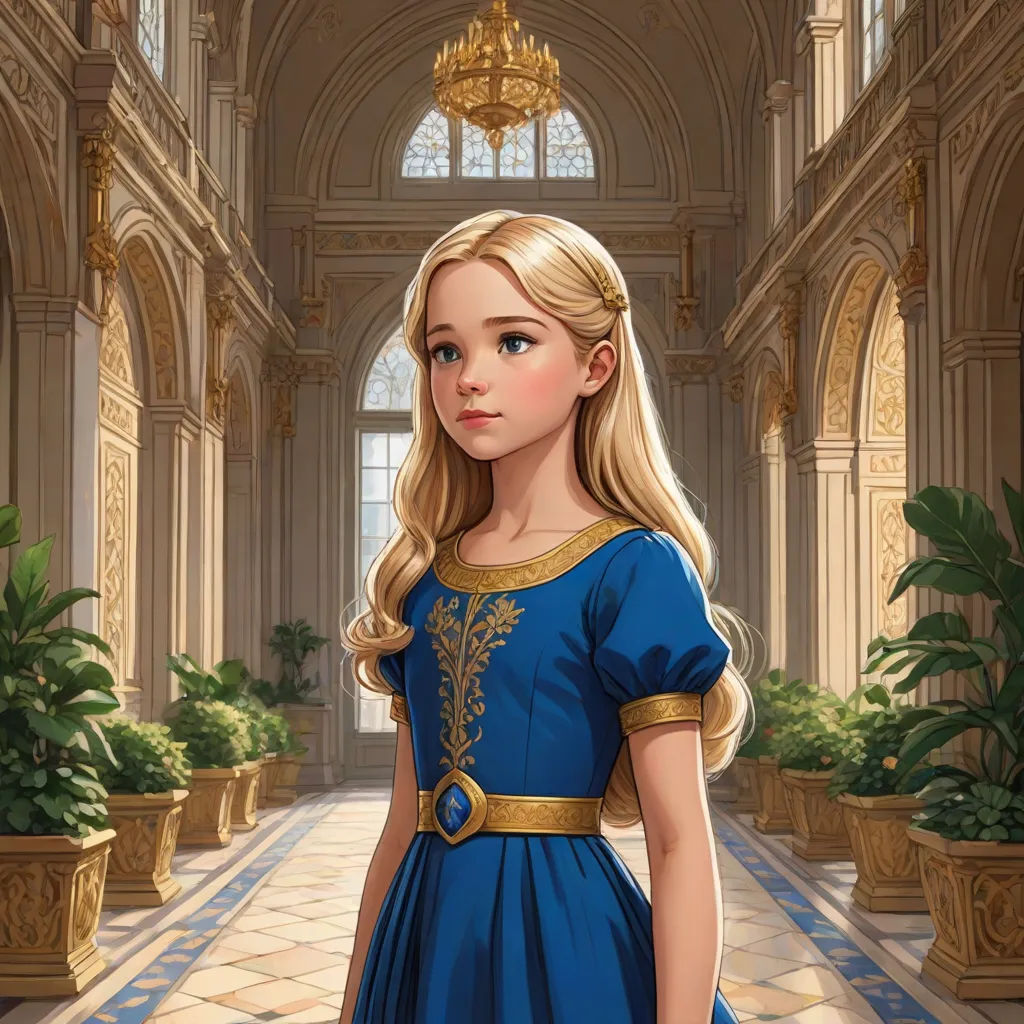 a young girl in a blue dress standing in a hallway with a chandelier hanging from the ceiling, fantasy art, a storybook illustration, Elizabeth Forbes, official art