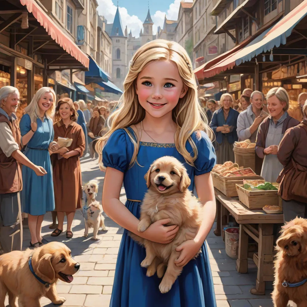a painting of a girl holding a puppy in a crowded street with other dogs and people in the background, furry art, a storybook illustration, disney, kinkade