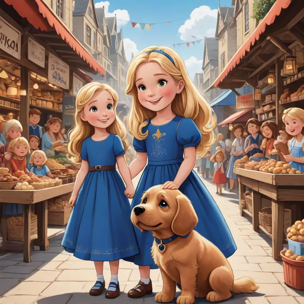 a painting of two girls holding hands with a dog in front of a market with people in the background, lyco art, a storybook illustration, disney, storybook illustration