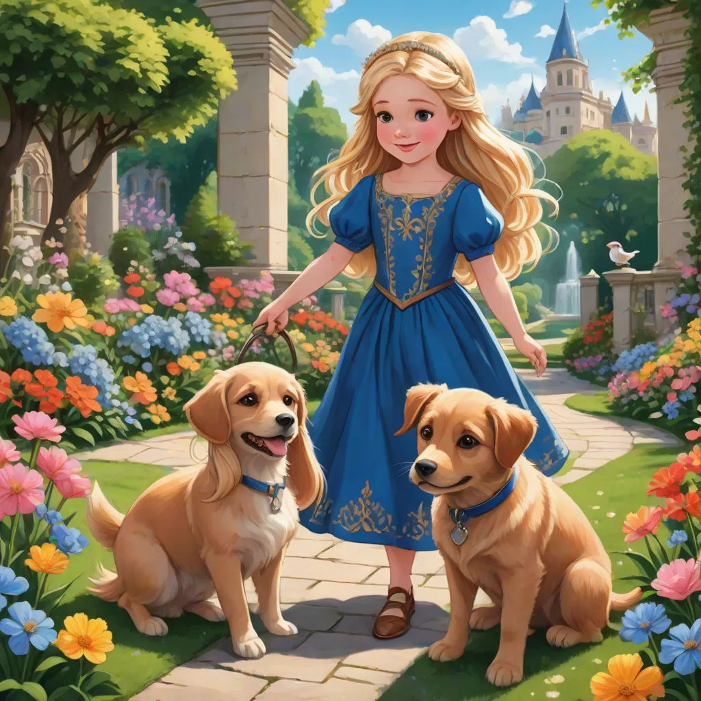 a painting of a girl and two dogs in a garden with flowers and a castle in the background with a blue dress, furry art, a storybook illustration, disney, official art