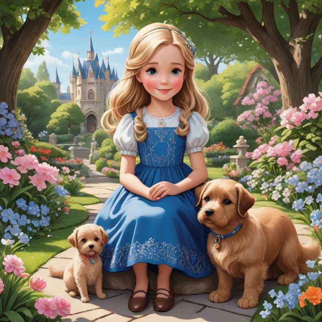 a painting of a girl and two dogs in a garden with flowers and trees in the background, with a castle in the background, magical realism, a storybook illustration, disney, official art