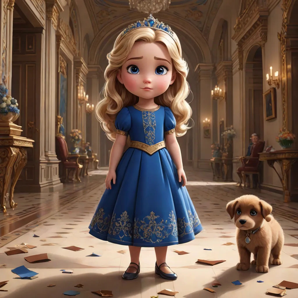 a little girl in a blue dress standing next to a dog in a hallway with a golden crown on, sots art, concept art, disney, official art