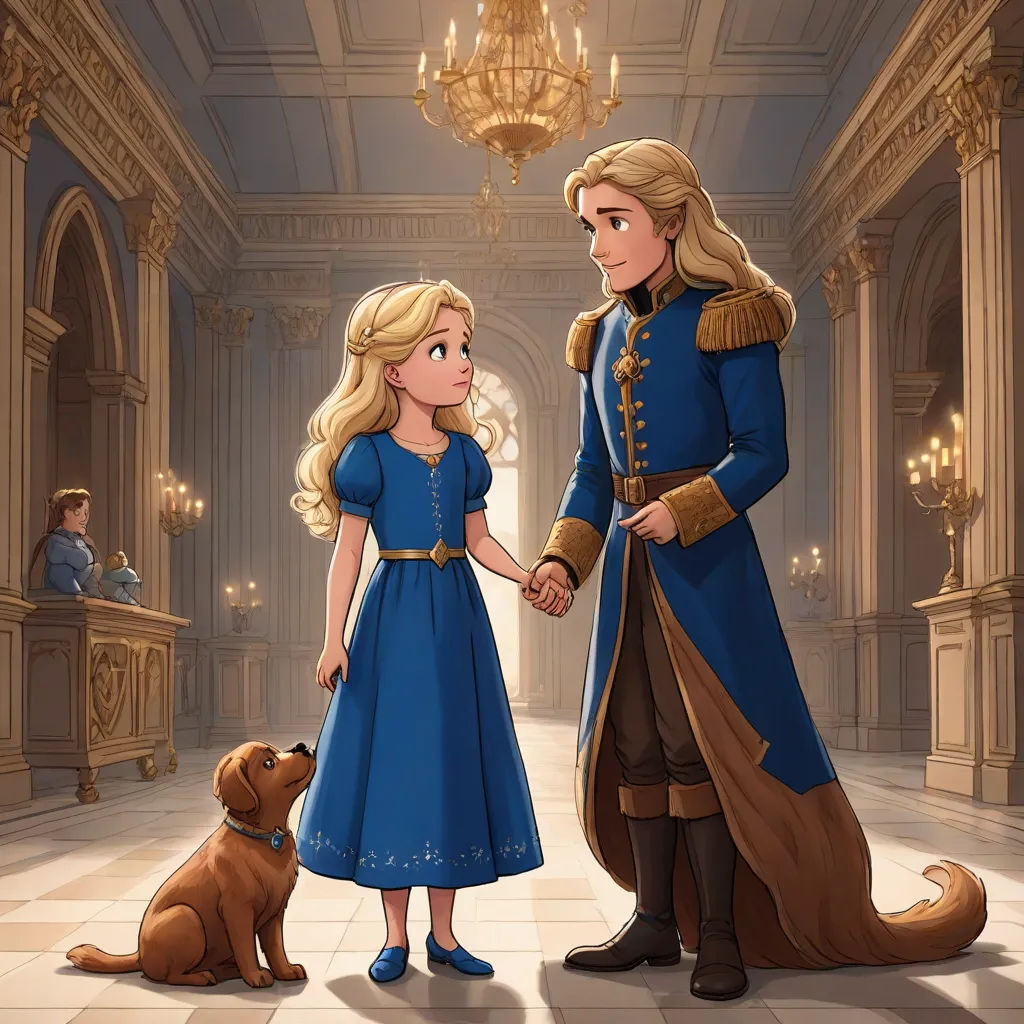 a cartoon of a man and a woman holding hands with a dog in a palace hallway with a chandelier, sots art, a storybook illustration, disney, official art