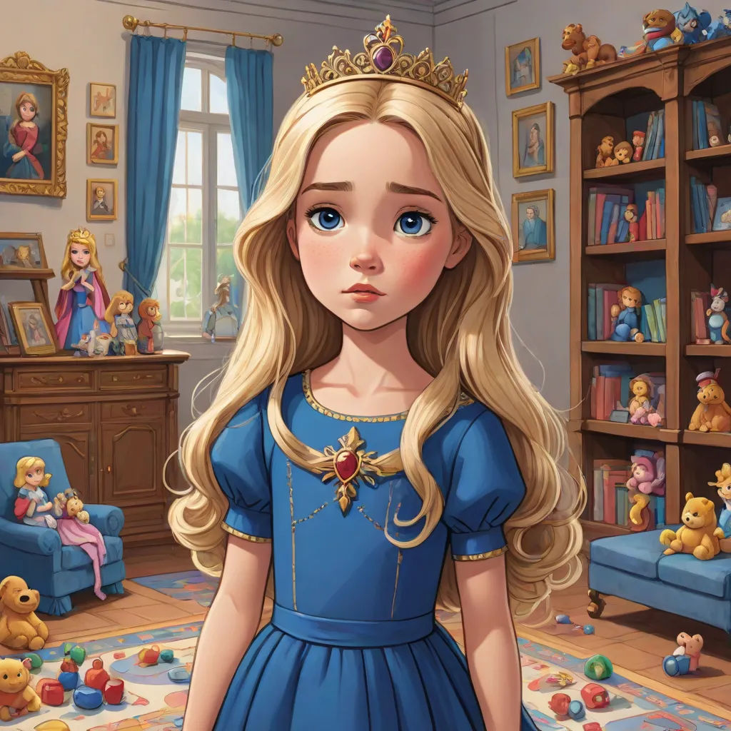 a cartoon girl in a blue dress in a room with teddy bears and a teddy bear on the floor, sots art, a storybook illustration, Clarice Beckett, official art