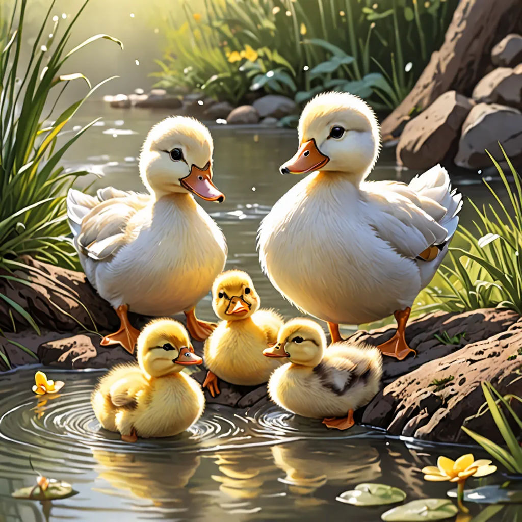 a group of ducks standing on top of a lake next to a duckling and ducklinglings in the water, Brothers Hildebrandt, furry art, a storybook illustration, highly detailed digital painting