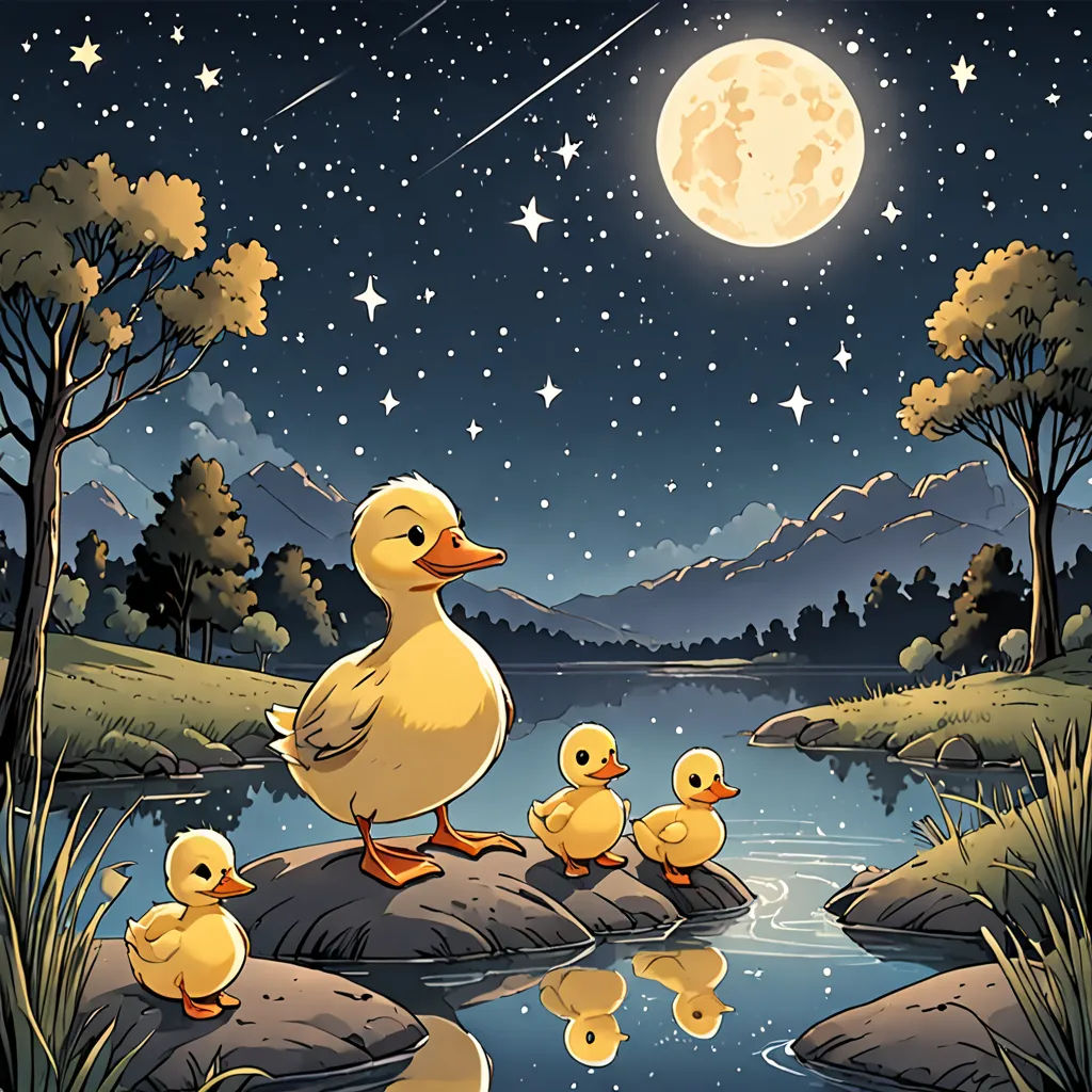 That night, under the starry sky, Wilbur narrated his adventure. His family listened in awe, proud of their brave little duckling.