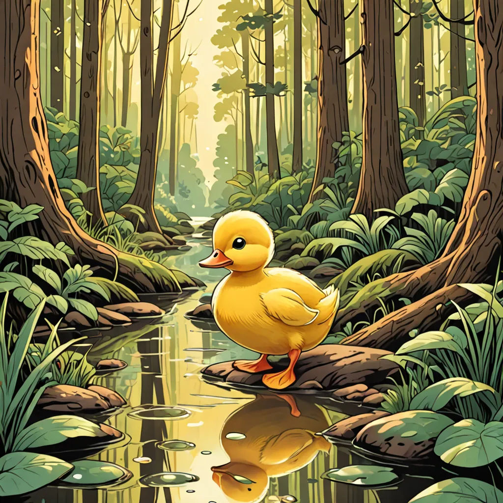 a duckling is sitting on a rock in a forest by a stream of water and trees, with a reflection in the water, Dan Mumford, environmental art, a storybook illustration, josan gonzales and dan mumford