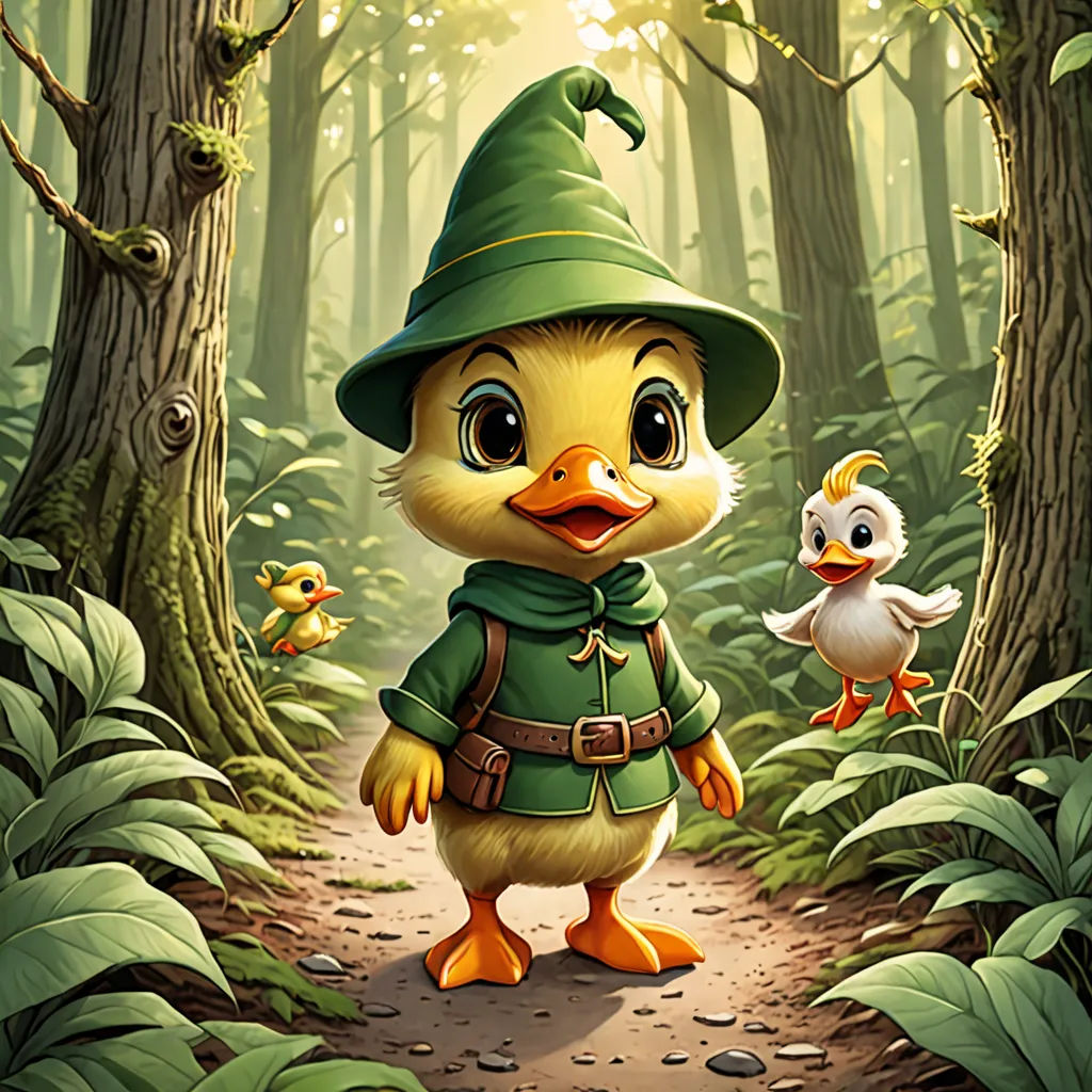 a duck and a duckling in a forest with trees and leaves and a bird in the foreground, Chris LaBrooy, fantasy art, a storybook illustration, highly detailed digital painting