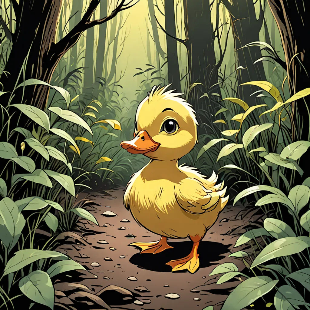a duckling is walking through a forest with tall grass and trees in the background, with sunlight shining through the trees, Dan Mumford, context art, a comic book panel, comic cover art