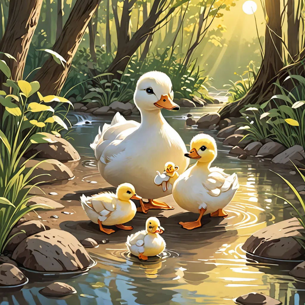 a painting of a mother duck with her two ducklings in a stream of water surrounded by rocks and trees, Chris LaBrooy, furry art, a storybook illustration, official art