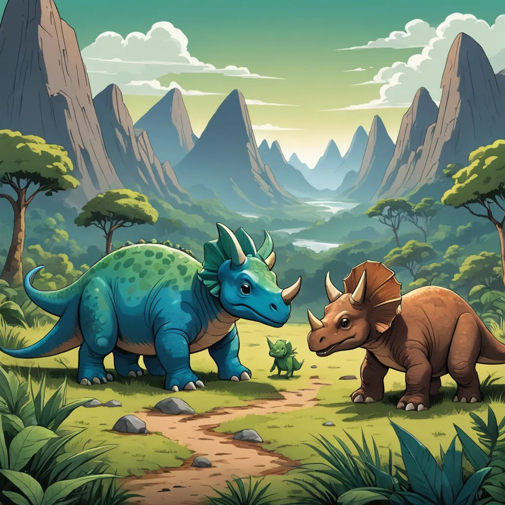 a couple of dinosaurs standing in a field next to a mountain range with trees and bushes on it's sides, lyco art, a storybook illustration, Adam Rex, 2 d game art