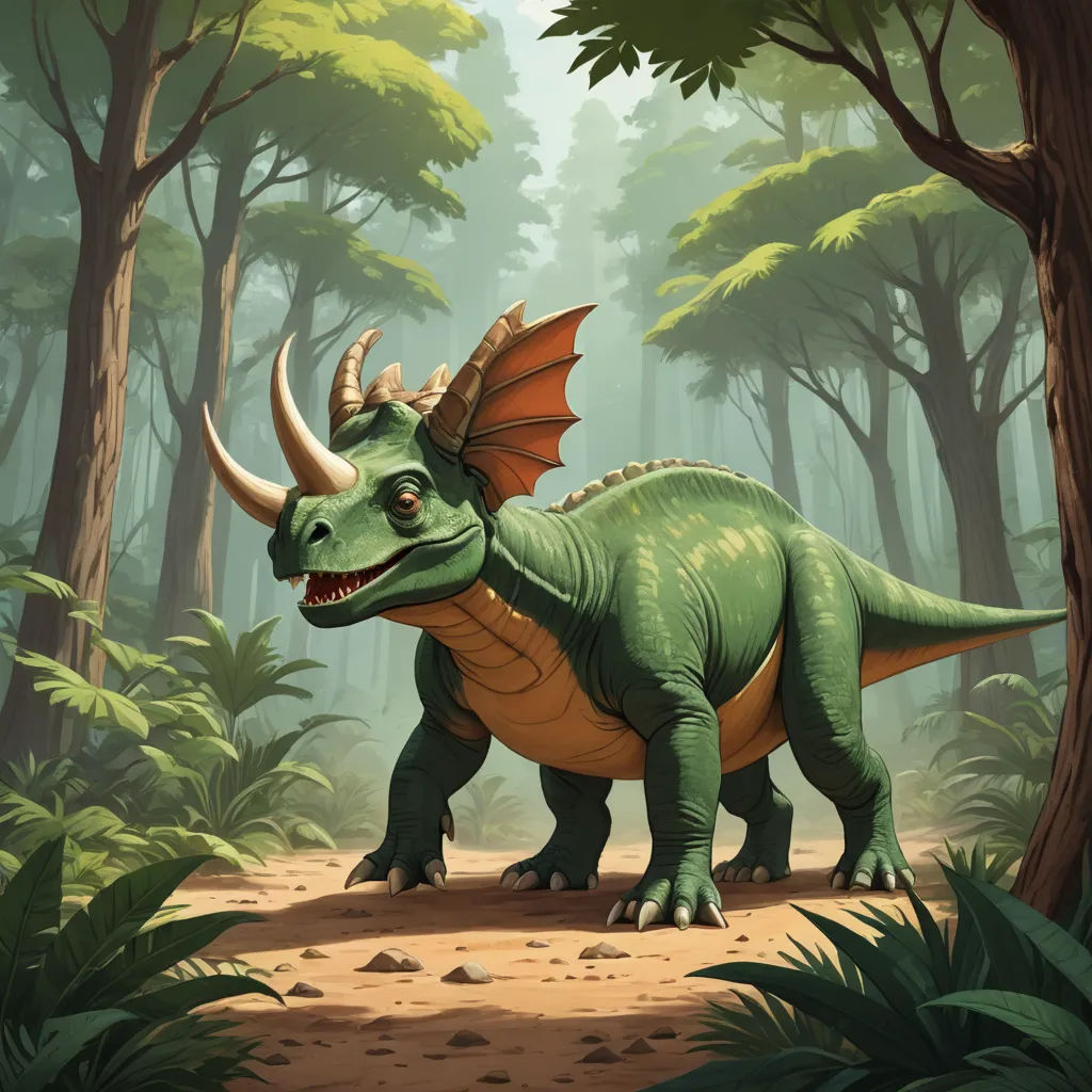 a green dinosaur with horns standing in a forest with trees and bushes on the ground and a forest background, fantasy art, a storybook illustration, Adam Rex, magic the gathering artwork