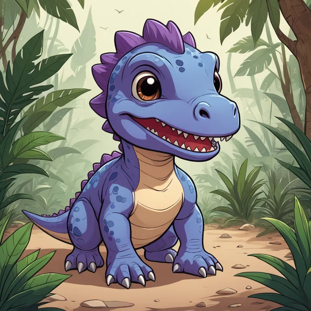 a cartoon dinosaur with a big smile on his face sitting in the jungle with a tree and bushes behind him, sots art, a character portrait, Adam Rex, purple