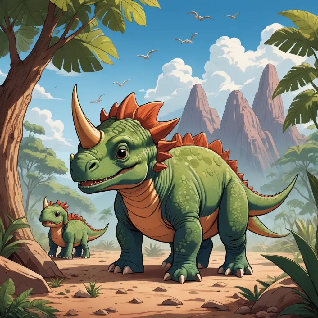 a cartoon dinosaur with two smaller dinosaurs in the background of a mountain landscape with trees and rocks, and a few birds flying overhead, lyco art, a storybook illustration, Adam Rex, magic the gathering artwork