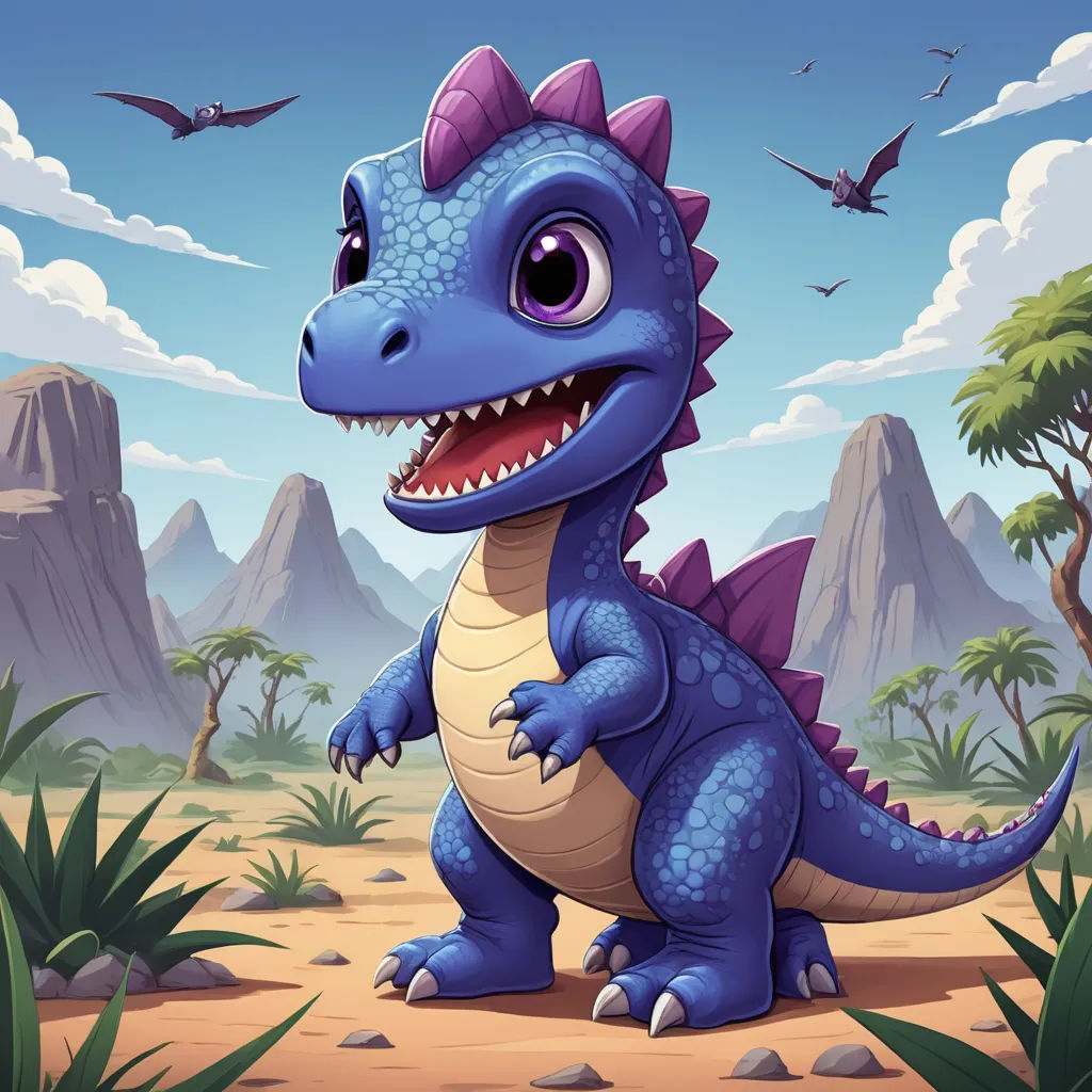 a cartoon blue dragon with a big smile on his face and teeth, standing in a desert landscape with mountains and trees, sots art, a character portrait, Adam Rex, game art