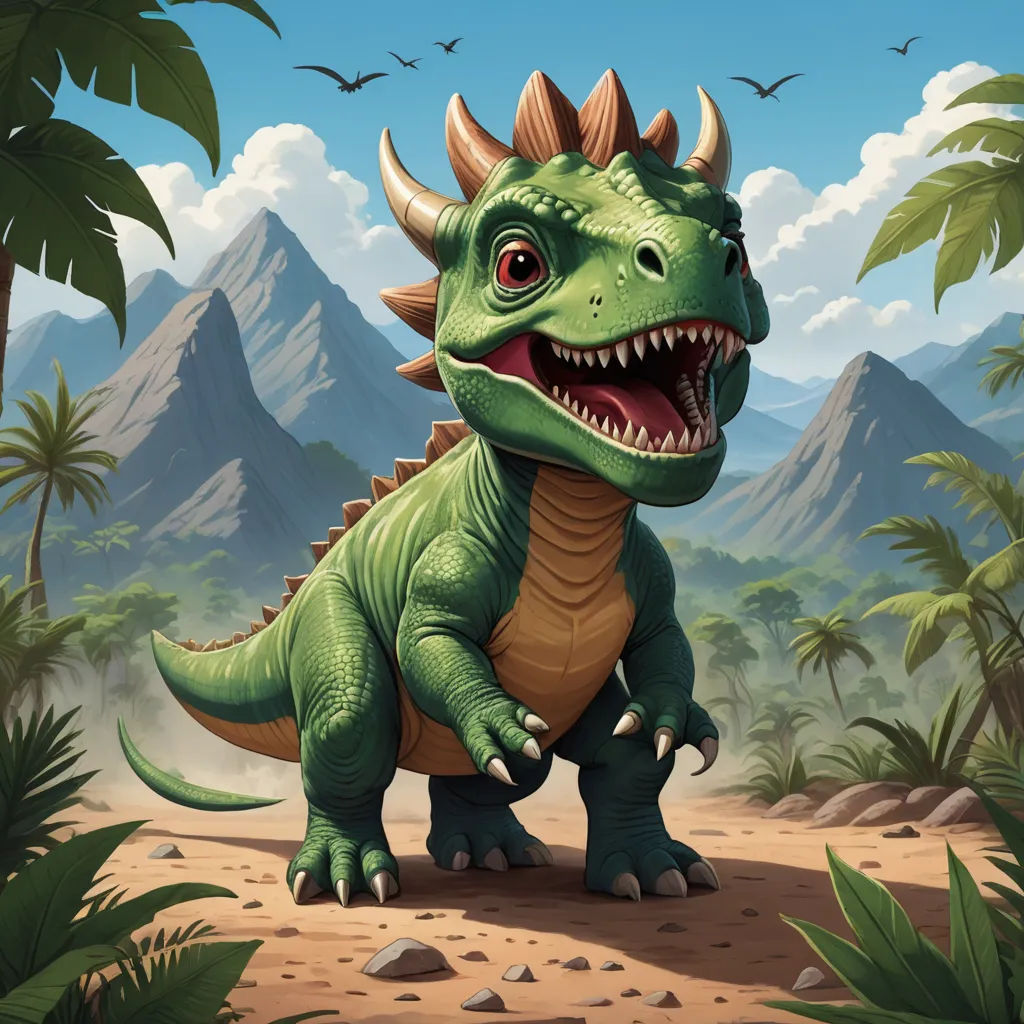 a cartoon dinosaur with a large mouth and sharp teeth in a tropical landscape with palm trees and mountains in the background, altermodern, concept art, Adam Rex, magic the gathering artwork