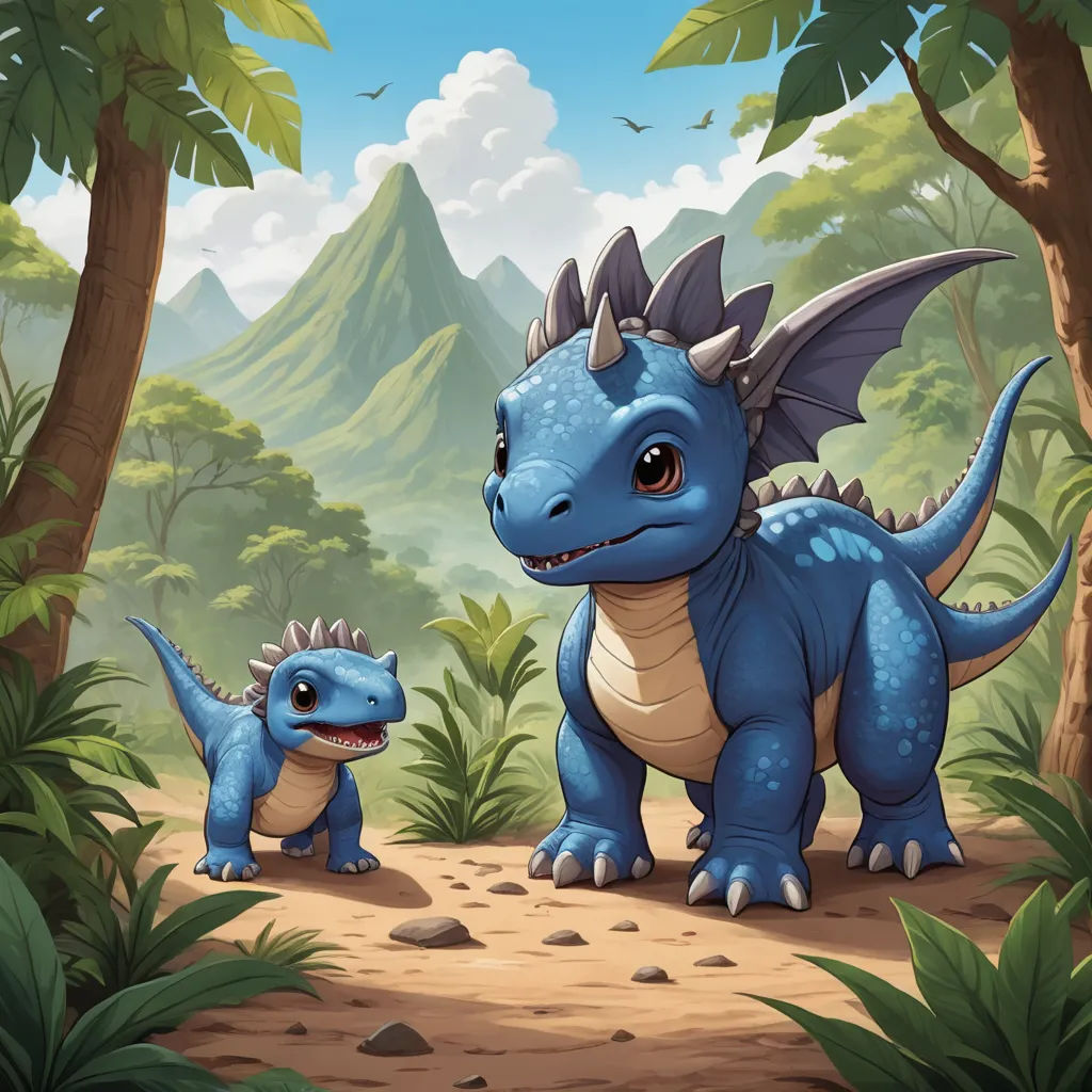 a blue dragon and a baby blue dragon in a jungle setting with mountains in the background and trees and bushes, fantasy art, a storybook illustration, Chris LaBrooy, dragon art