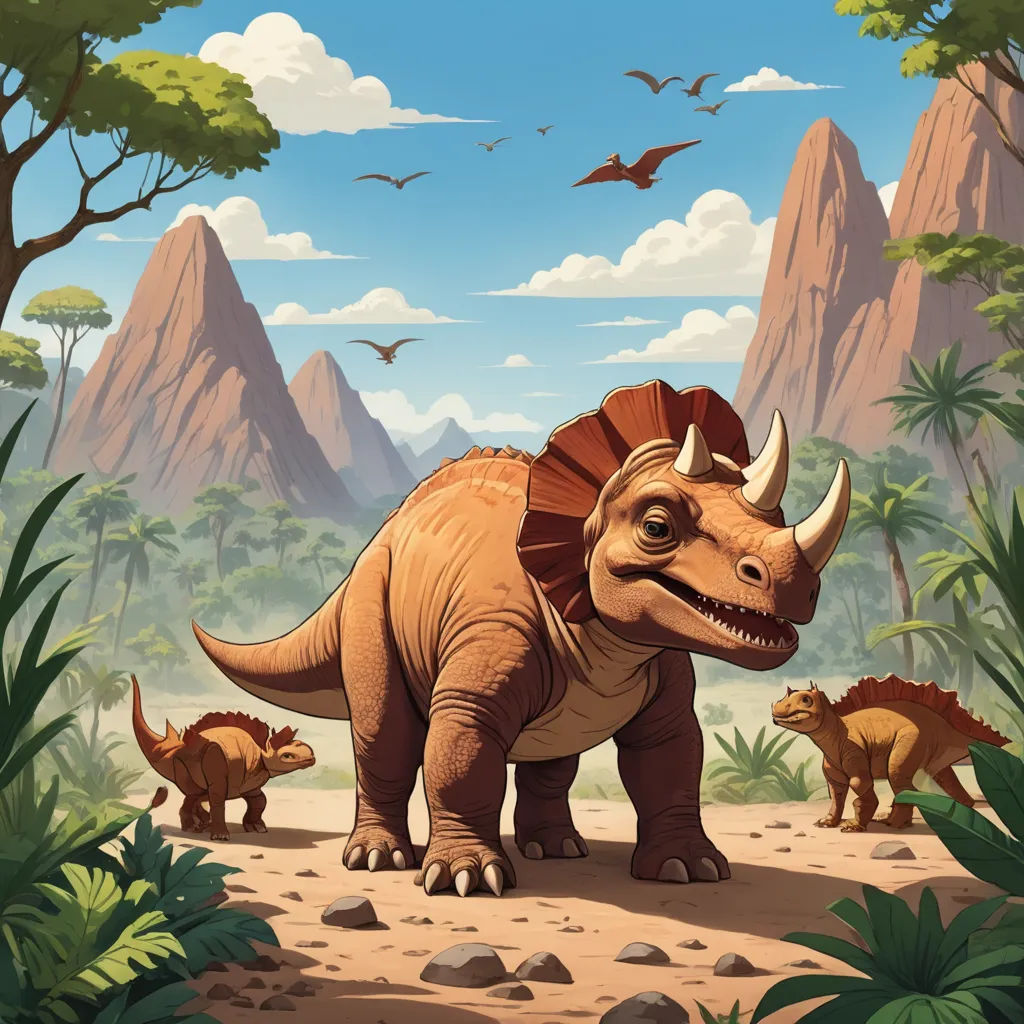 a dinosaur with a long neck and horns standing in the dirt near a mountain range with trees and birds, altermodern, a storybook illustration, Adam Rex, magic the gathering artwork
