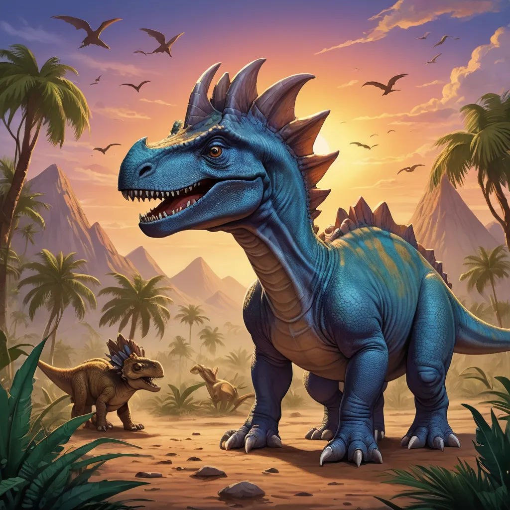 a dinosaur and a t - rex in a tropical setting with birds flying overhead and a sunset in the background, altermodern, concept art, Adam Rex, magic the gathering artwork