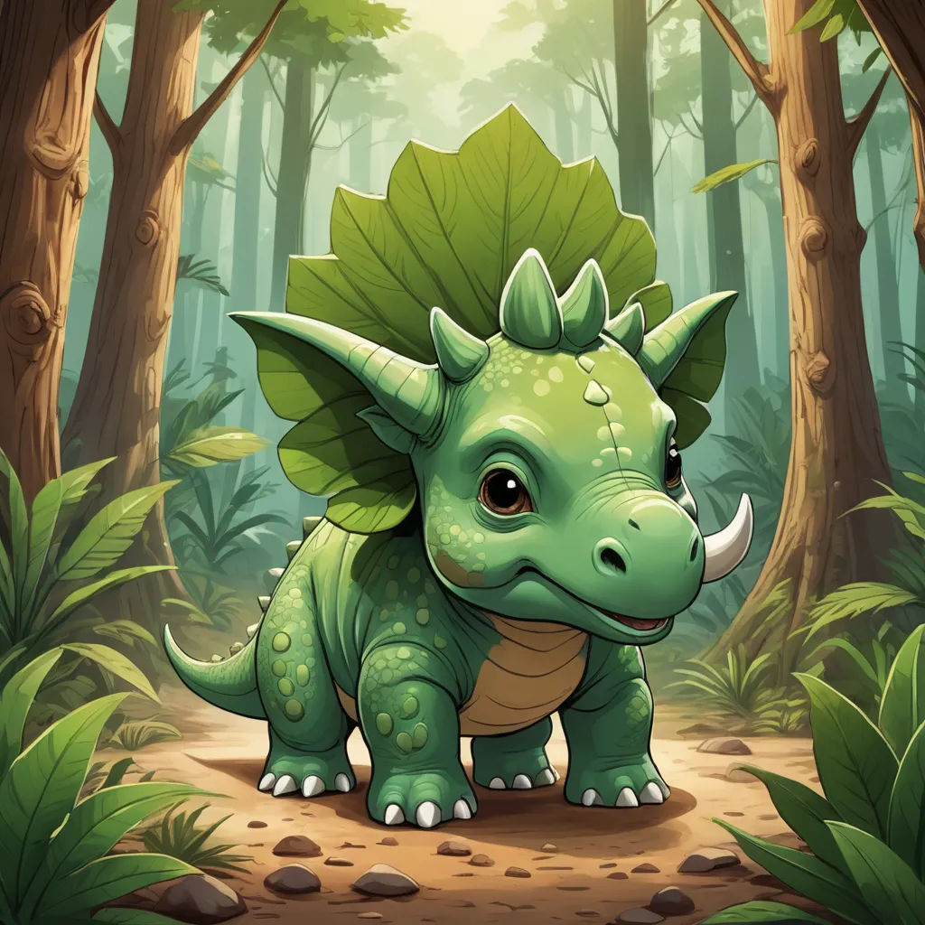 a cartoon green dinosaur in a forest with a leaf on its back, standing in the middle of the forest, sots art, a character portrait, Adam Rex, game art