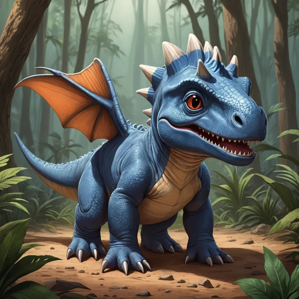 a blue dragon with orange wings standing in a forest with trees and rocks on the ground and a green plant behind it, sots art, concept art, Adam Rex, dragon art
