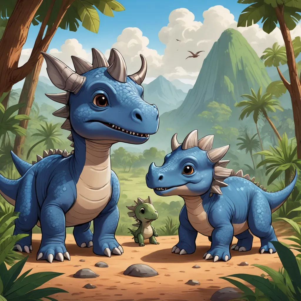 a couple of blue dinosaurs standing in the dirt near trees and bushes with a mountain in the background with a bird, lyco art, a storybook illustration, Adam Rex, dragon art