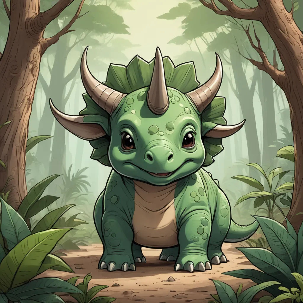 a cartoon dinosaur with horns and horns in the woods with trees and plants around it, looking at the camera, fantasy art, a character portrait, Adam Rex, rossdraws global illumination