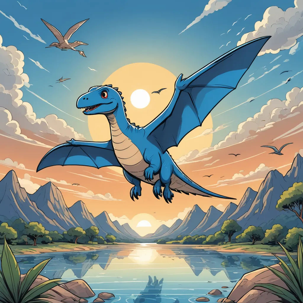 a blue dragon flying over a lake with a bird flying over it's head in the sky above the water, fantasy art, a storybook illustration, Chris LaBrooy, dragon art