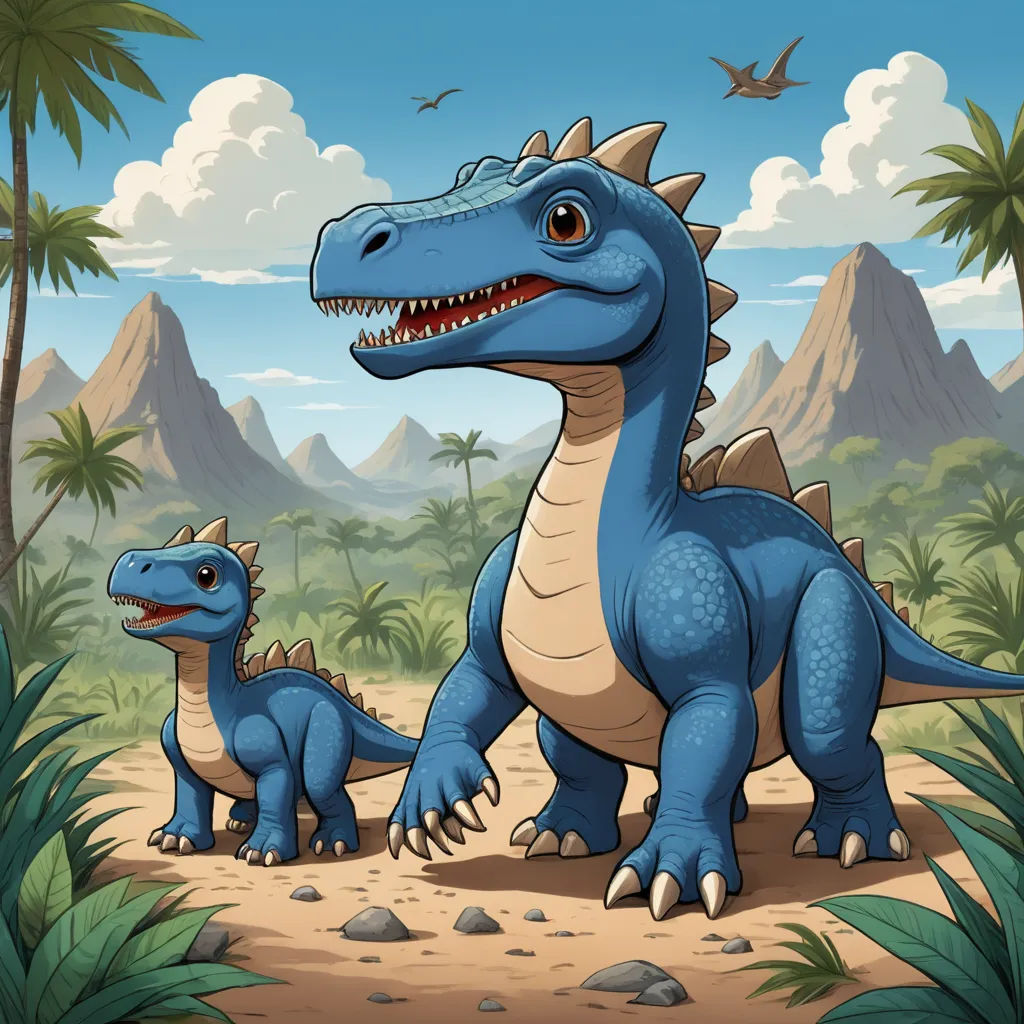 a cartoon dinosaur and its baby in the jungle with mountains and palm trees in the background illustration by corbi, lyco art, concept art, Adam Rex, game art