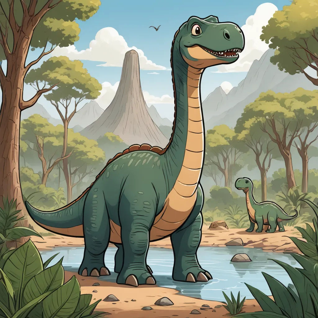 a dinosaur and a bird in a forest with a mountain in the background and a river running through it, lyco art, a storybook illustration, Adam Rex, storybook illustration