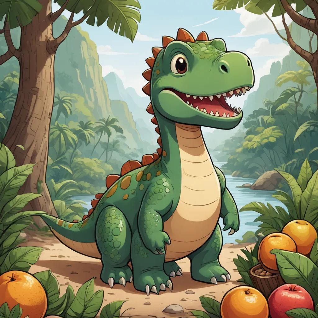 a cartoon dinosaur in a tropical forest with oranges and trees around him and a river running through it, sots art, a character portrait, Adam Rex, green