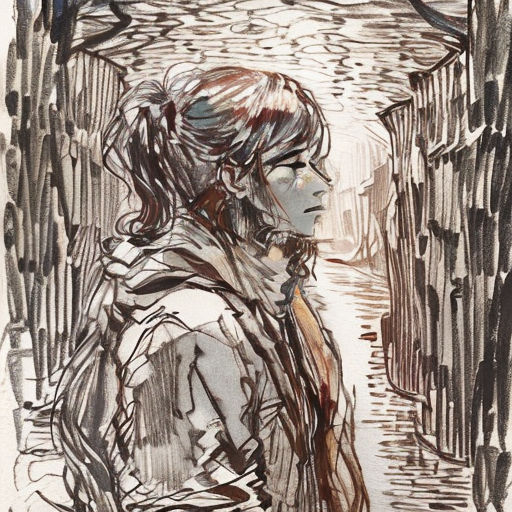 a drawing of a woman standing in a doorway with a bird flying overhead and a man standing in the doorway
