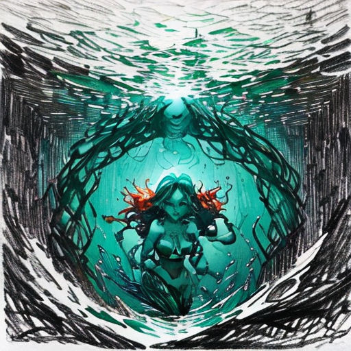 a drawing of a woman surrounded by water and fish in a circular hole with a light shining on her