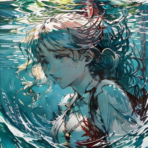a girl in the water with her hair blowing in the wind and her eyes closed, looking down at the water