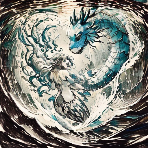 a drawing of a mermaid and a dragon in a wave of water with a blue dragon on it's back