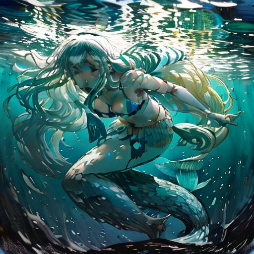 a mermaid with long hair and a blue tail swimming under water with bubbles and bubbles around her, with a fish in her hand