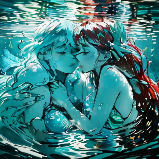 a couple of people that are in the water together, hugging each other and kissing each other with their hands